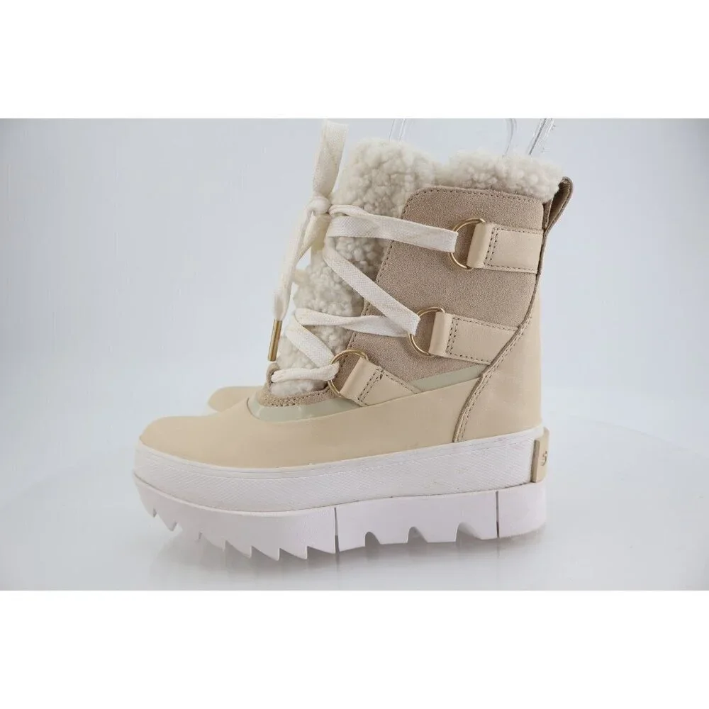SOREL Joan of Arctic Next Boots Lug Sole Beige Leather Faux Fur Lined Size 5